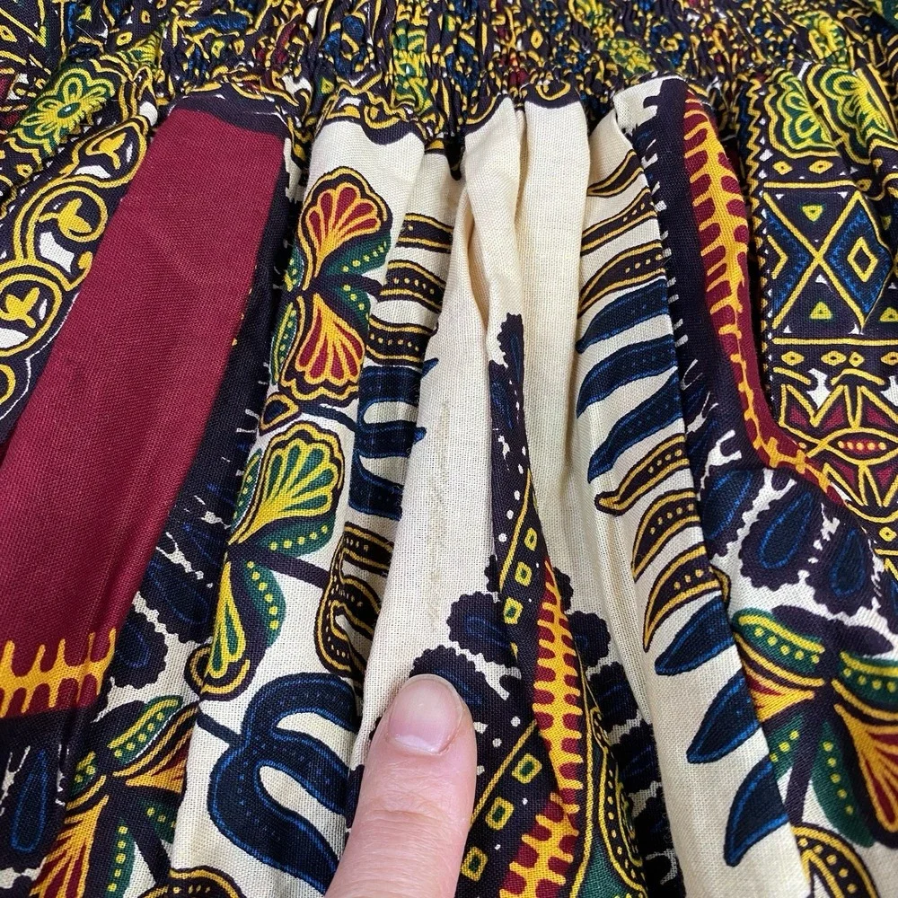 African Print Womens Tie Front Long Maxi Skirt Size S Pockets Festival Colorful